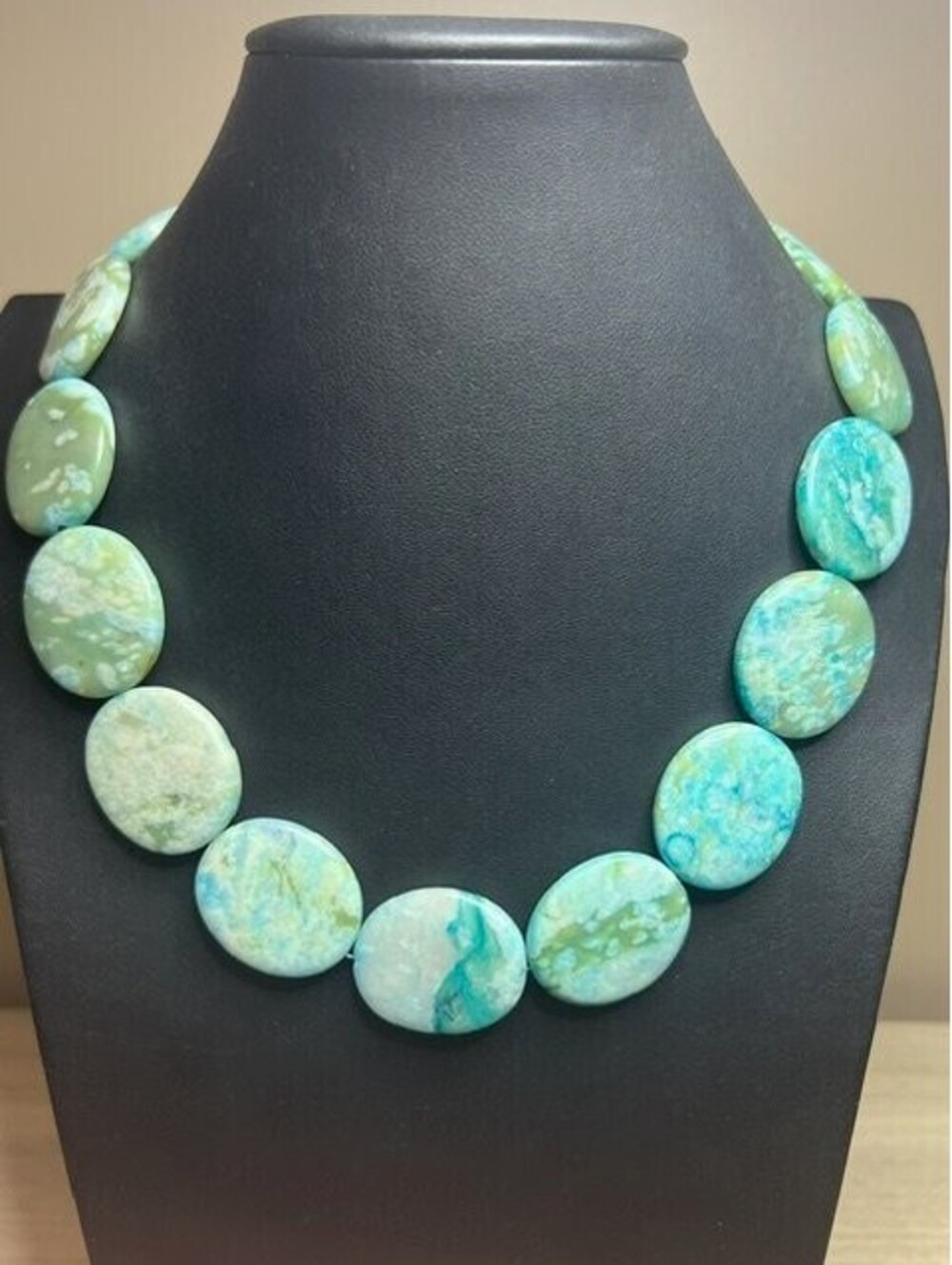 B7400 Chunky Aqua Dragon skin Agate Beaded Necklace Stone Statement 19"